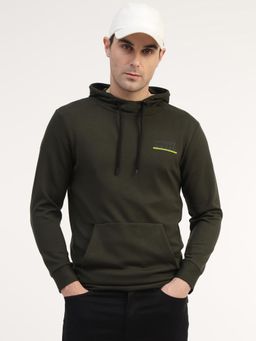 MountMiller - Men Olive Lycra Solid Regular Fit Hoodie