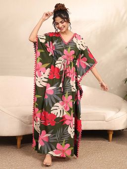 Libas - Green Floral Printed Kaftan Style Nightdress