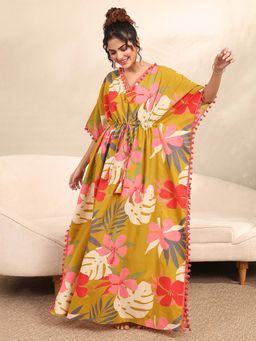 Libas - Green Floral Printed Kaftan Style Nightdress
