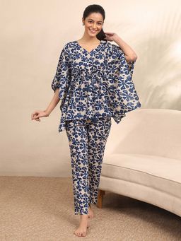 Libas - Navy Blue Floral Printed Kurti with Attached Waistbelt & Pyjama