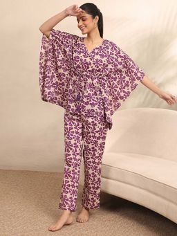 Libas - Purple Floral Printed Kurti with Attached Waistbelt & Pyjama