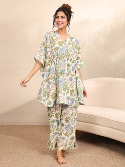 Libas - Green Floral Printed Kurti with Attached Waistbelt & Pyjama