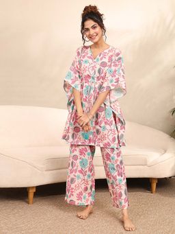 Libas - Pink Floral Printed Kurti with Attached Waistbelt & Pyjama