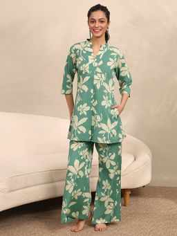Libas - Green Floral Printed Front Pleated Kurti with Pyjama