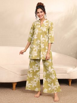 Libas - Lime Green Floral Printed Front Pleated Kurti with Pyjama