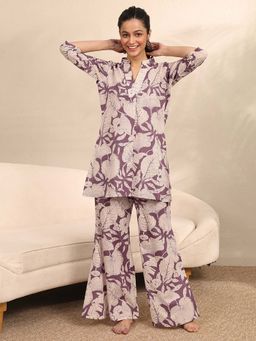 Libas - Purple Floral Printed Front Pleated Kurti with Pyjama