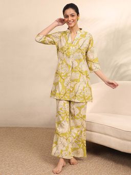 Libas - Green Floral Printed Front Pleated Kurti with Pyjama