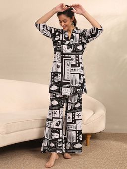 Libas - Black Abstract Printed Front Pleated Kurti with Pyjama