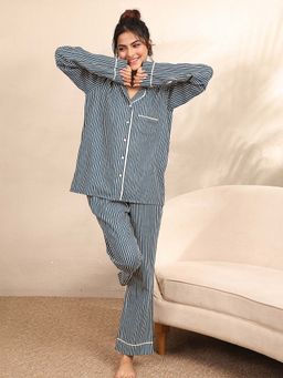 Libas - Navy Blue Striped Shirt with Pyjama