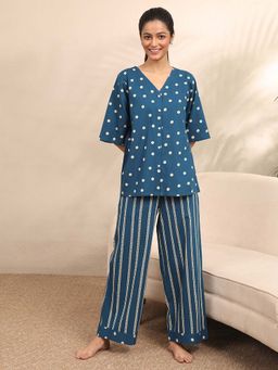 Libas - Navy Blue Polka Dots Shirt with Pyjama
