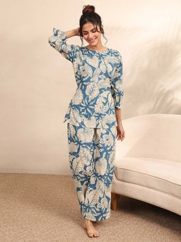 Libas - Navy Blue Floral Printed Kurti with Attached Waistbelt & Pyjama