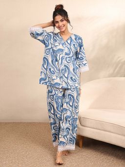Libas - Navy Blue Abstract Printed Shirt with Pyjama