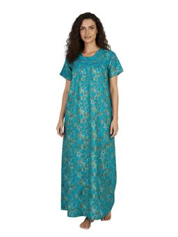 Juliet - Women Printed Blue Square Neck Half Sleeves Nightdress