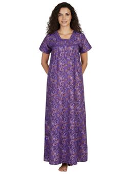 Juliet - Women Printed Purple Square Neck Half Sleeves Nightdress