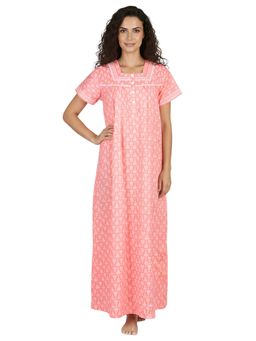 Juliet - Women Printed Pink Square Neck Half Sleeves Nightdress