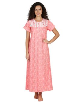 Juliet - Women Floral Peach Round Neck Half Sleeves Nightdress