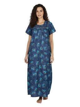Juliet - Women Floral Navy Blue Square Neck Half Sleeves Nightdress