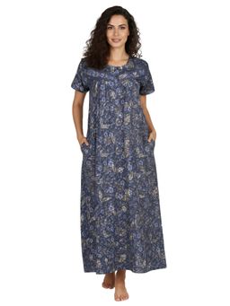 Juliet - Women Floral Navy Blue Square Neck Half Sleeves Nightdress