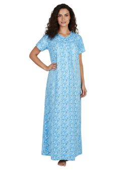 Juliet - Women Floral Blue Round Neck Half Sleeves Nightdress