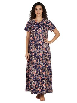 Juliet - Women Floral Navy Blue Round Neck Half Sleeves Nightdress