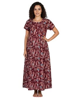 Juliet - Women Floral Maroon Round Neck Half Sleeves Nightdress