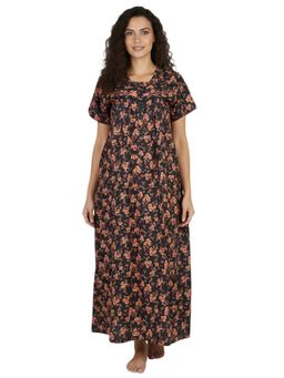 Juliet - Women Floral Black Round Neck Half Sleeves Nightdress