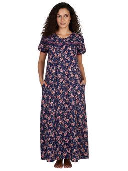 Juliet - Women Floral Navy Blue Round Neck Half Sleeves Nightdress