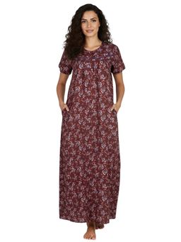 Juliet - Women Floral Maroon Round Neck Half Sleeves Nightdress