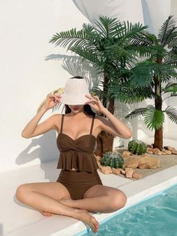 Addery - Chocolate Brown Peplum High-Waist Tank Top & Brief