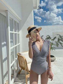 Addery - Multi-Color Geo-Print V-Neck One-Piece Swimsuit