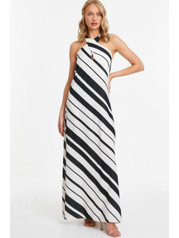 Quiz Clothing - White And Black Striped Halter Neck A-Line Maxi Dress