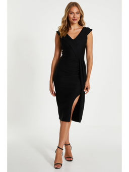 Quiz Clothing - Black V-Neck Cap Sleeve Slit Midi Dress