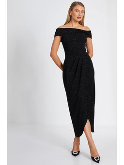 Quiz Clothing - Black Glitter Embellished Off- Shoulder Bodycon Midi Dress