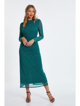 Quiz Clothing - Green Rhinestone Mesh Ruched Long Sleeves Round Neck Midi Dress