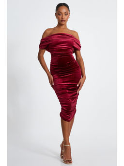 Quiz Clothing - Burgundy Off- Shoulder Ruched Bodycon Midi Dress
