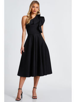 Quiz Clothing - Black One-Shoulder Frill Detail Skater Midi Dress