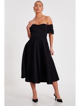 Quiz Clothing - Black Off-Shoulder Pleated Skater Midi Dress