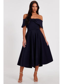 Quiz Clothing - Navy Blue Off Shoulder Front Bow Detail Pleated Skater Midi Dress