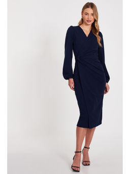 Quiz Clothing - Navy Blue V-Neck Long Sleeve Wrap Midi Dress