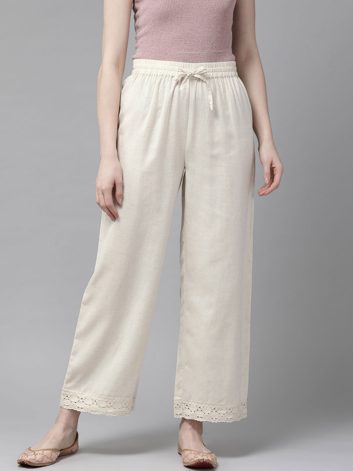 juniper Off-White Solid Rayon Flex Wide Leg Women Palazzo With Lace & Tassels-picture-31