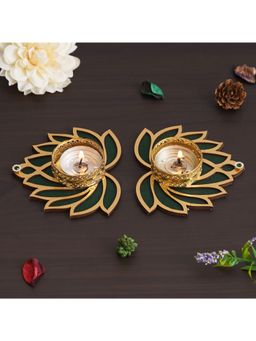 eCraftIndia - Golden and Green Beautiful Lotus Design Tea Light Candle Holders (Set of 2)
