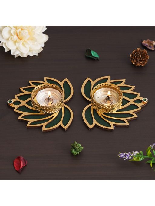 eCraftIndia Golden and Green Beautiful Lotus Design Tea Light Candle Holders (Set of 2)