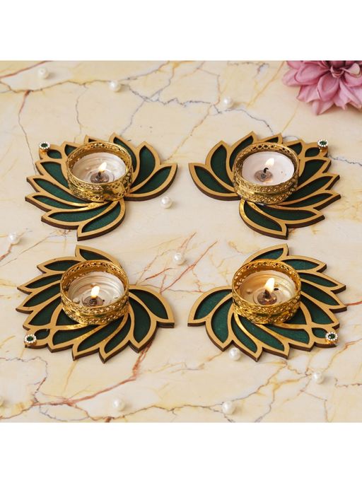 eCraftIndia Golden and Green Beautiful Lotus Design Tea Light Candle Holders (Set of 4)