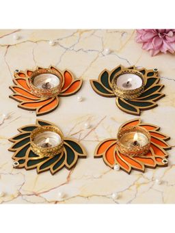 eCraftIndia - Orange and Green Beautiful Lotus Design Tea Light Candle Holders (Set of 4)
