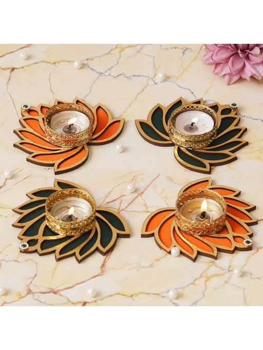 eCraftIndia Orange and Green Beautiful Lotus Design Tea Light Candle Holders (Set of 4)