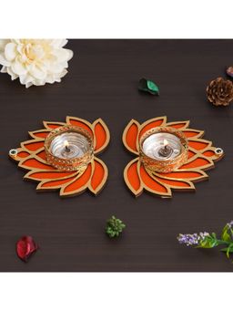 eCraftIndia - Golden and Orange Beautiful Lotus Design Tea Light Candle Holders (Set of 2)