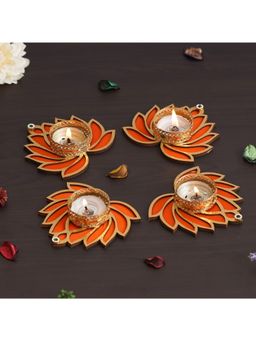 eCraftIndia - Golden and Orange Beautiful Lotus Design Tea Light Candle Holders (Set of 4)
