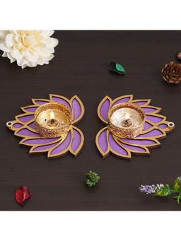 eCraftIndia - Golden and Purple Beautiful Lotus Design Tea Light Candle Holders (Set of 2)