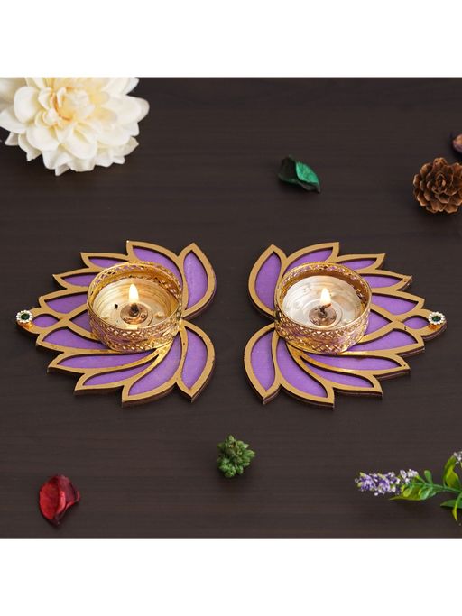 eCraftIndia Golden and Purple Beautiful Lotus Design Tea Light Candle Holders (Set of 2)