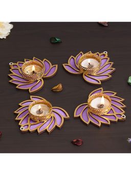 eCraftIndia - Golden and Purple Beautiful Lotus Design Tea Light Candle Holders (Set of 4)